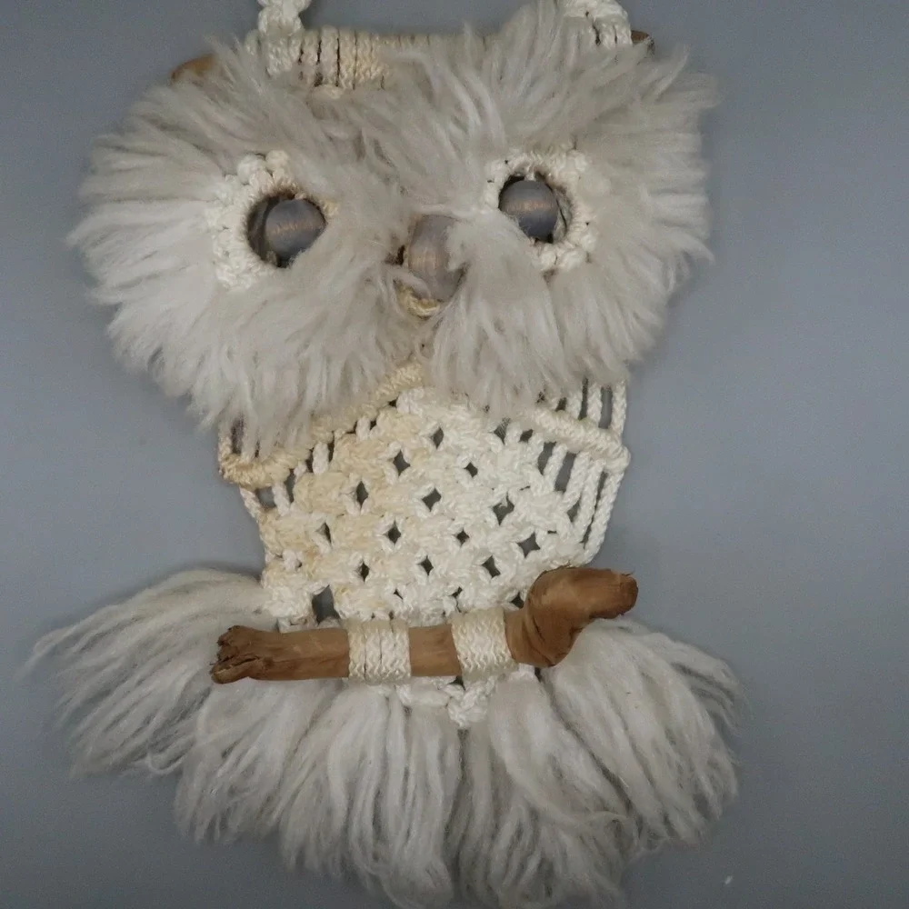 Handmade Macrame White Owl on Wood Branch Wall Hanging 21 inches